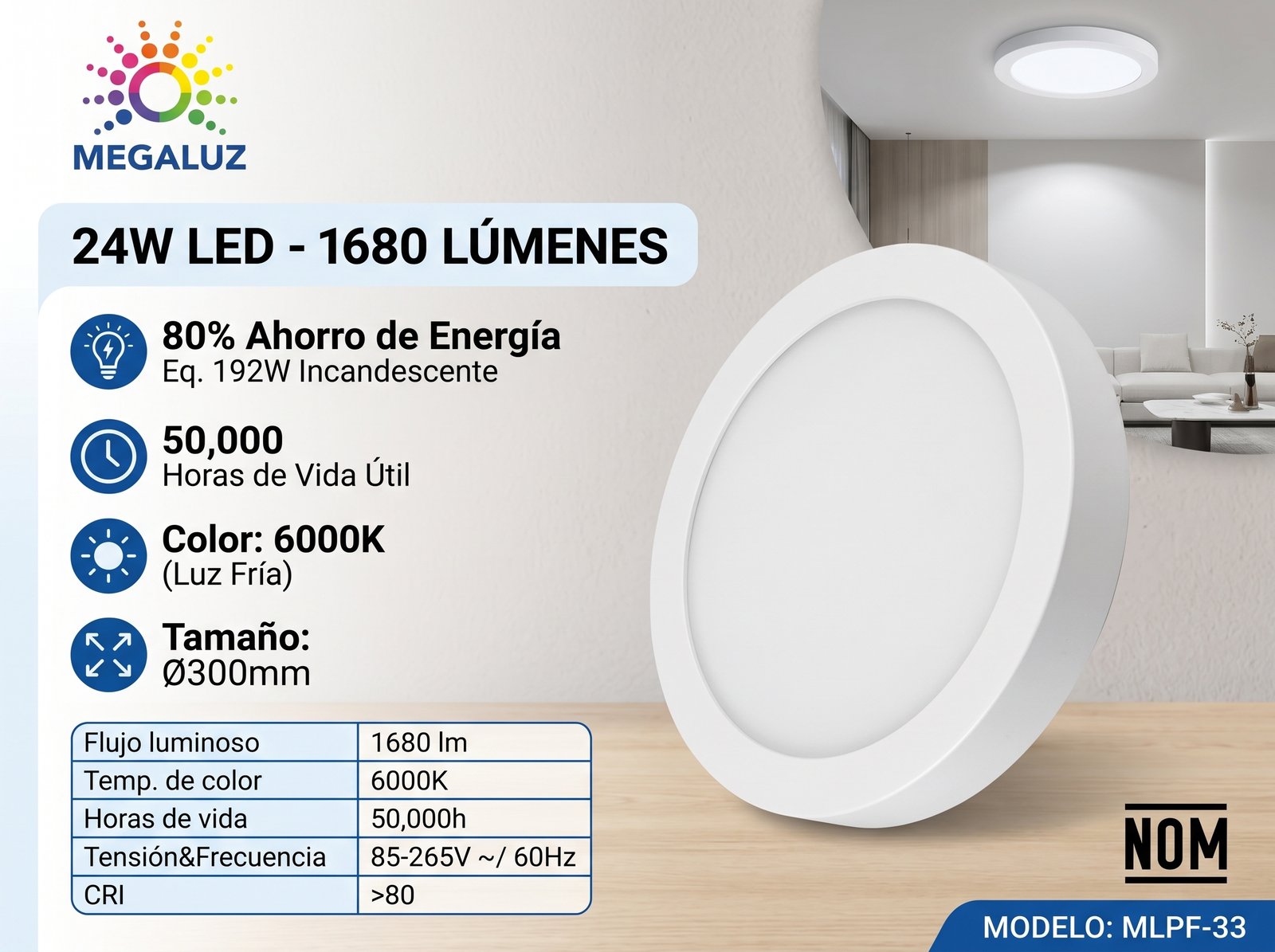 Luminario LED de Sobreponer 24W MEGALUZ MLPF-33 - Luz Fría 6000K (1680 lm)
